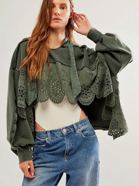 Free People Tops - Free People Iris Embroidered Sweatshirt Olive